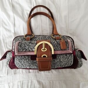 2005 Coach Turnlock Soho Tweed Satchel With Leather, Suede & Velvet Accents
